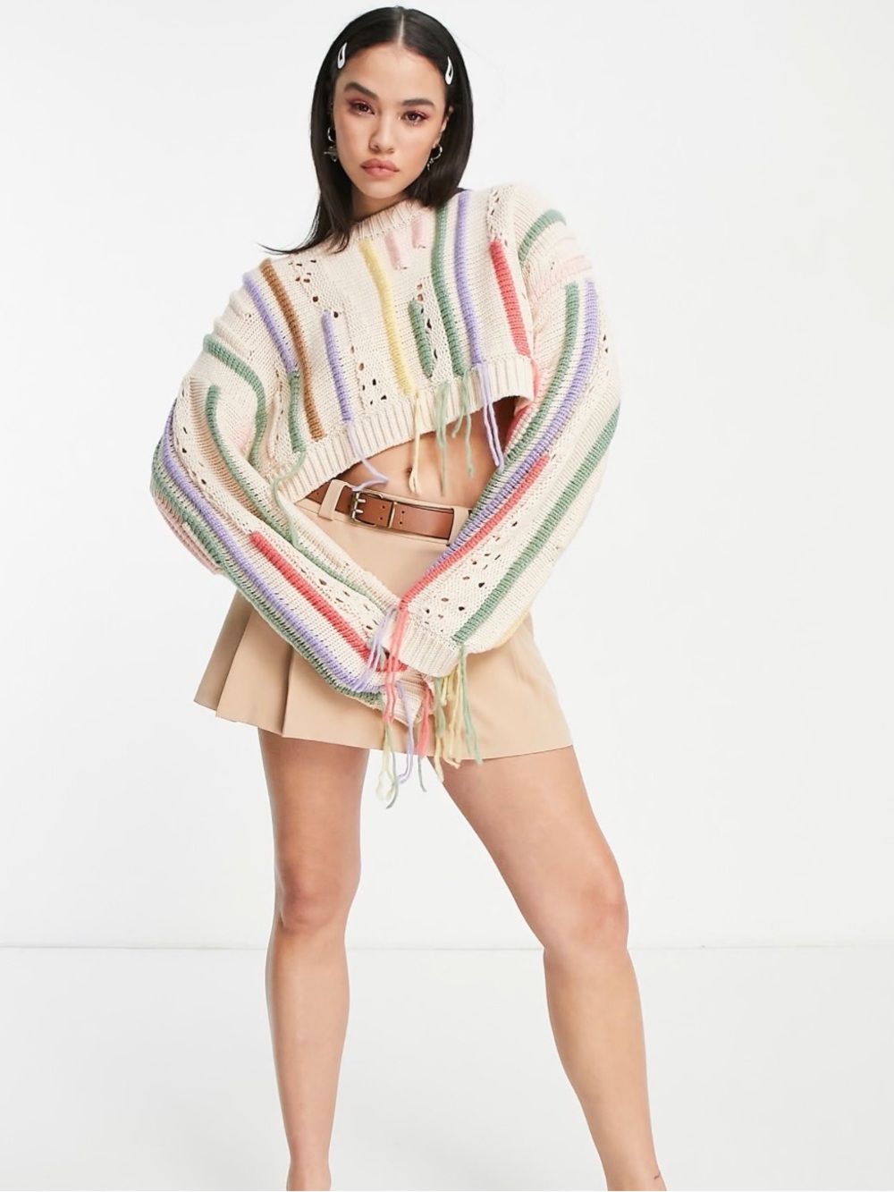 The Ragged Priest Cropped Fringe Sweater - Cream with Pastel Stripes